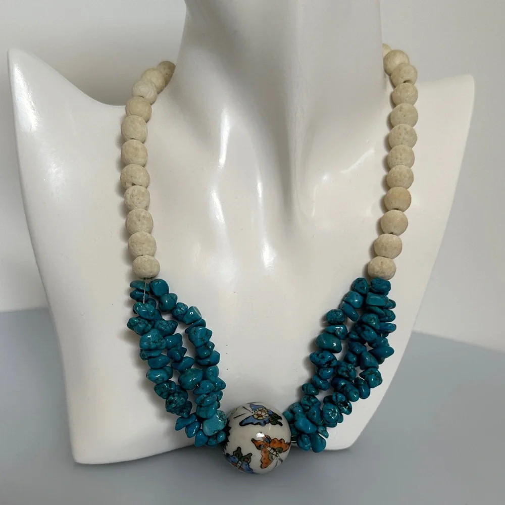 Turquoise and Cream Coral ceramic boll Beaded Necklace